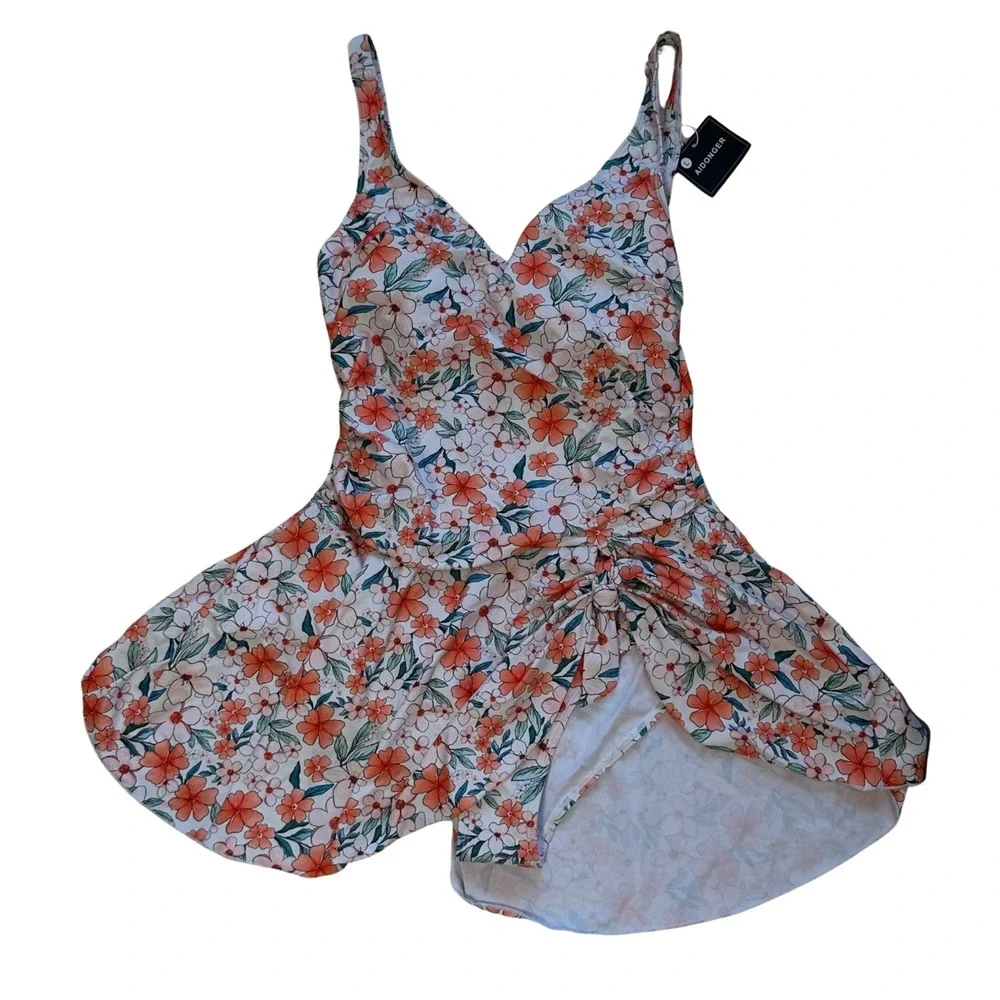 NWT Aidonger Swimdress Women L Floral Retro Tummy Control Bathing Suit Preppy